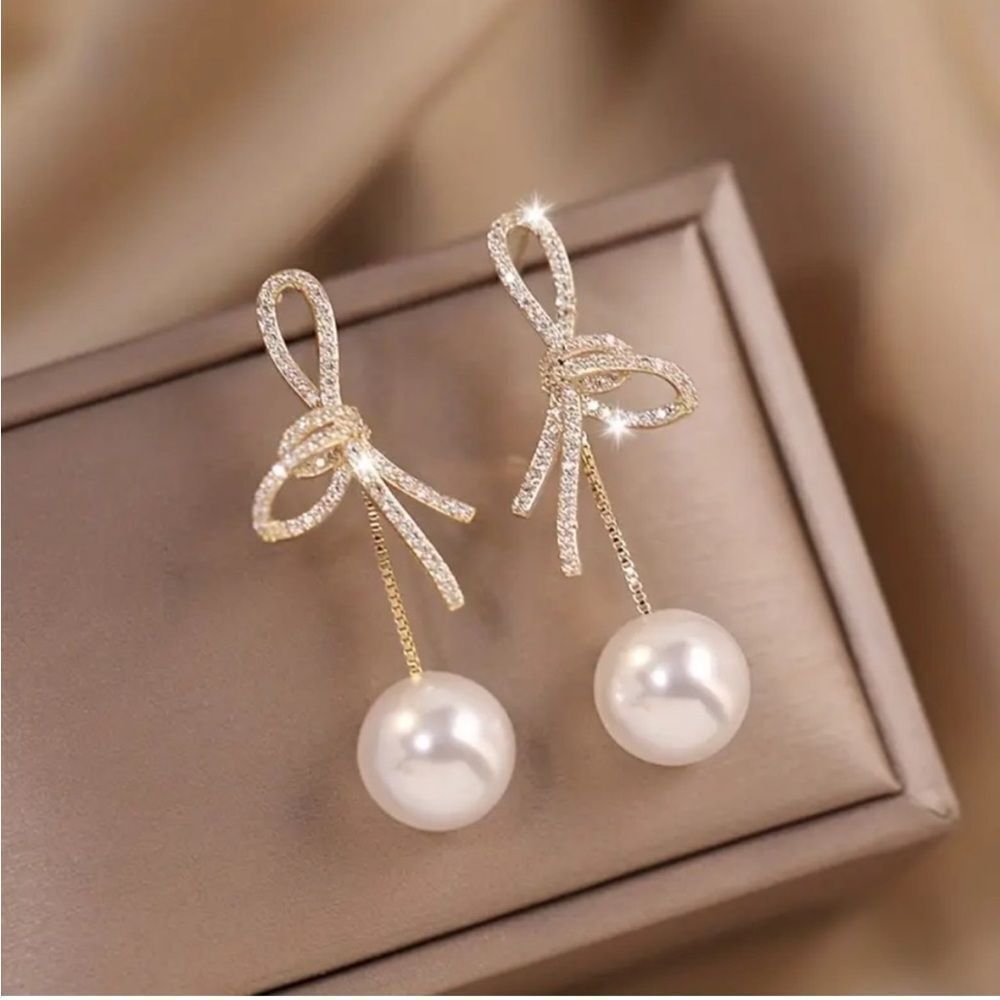 Gold Diamond Bow Pearl Drop Earrings